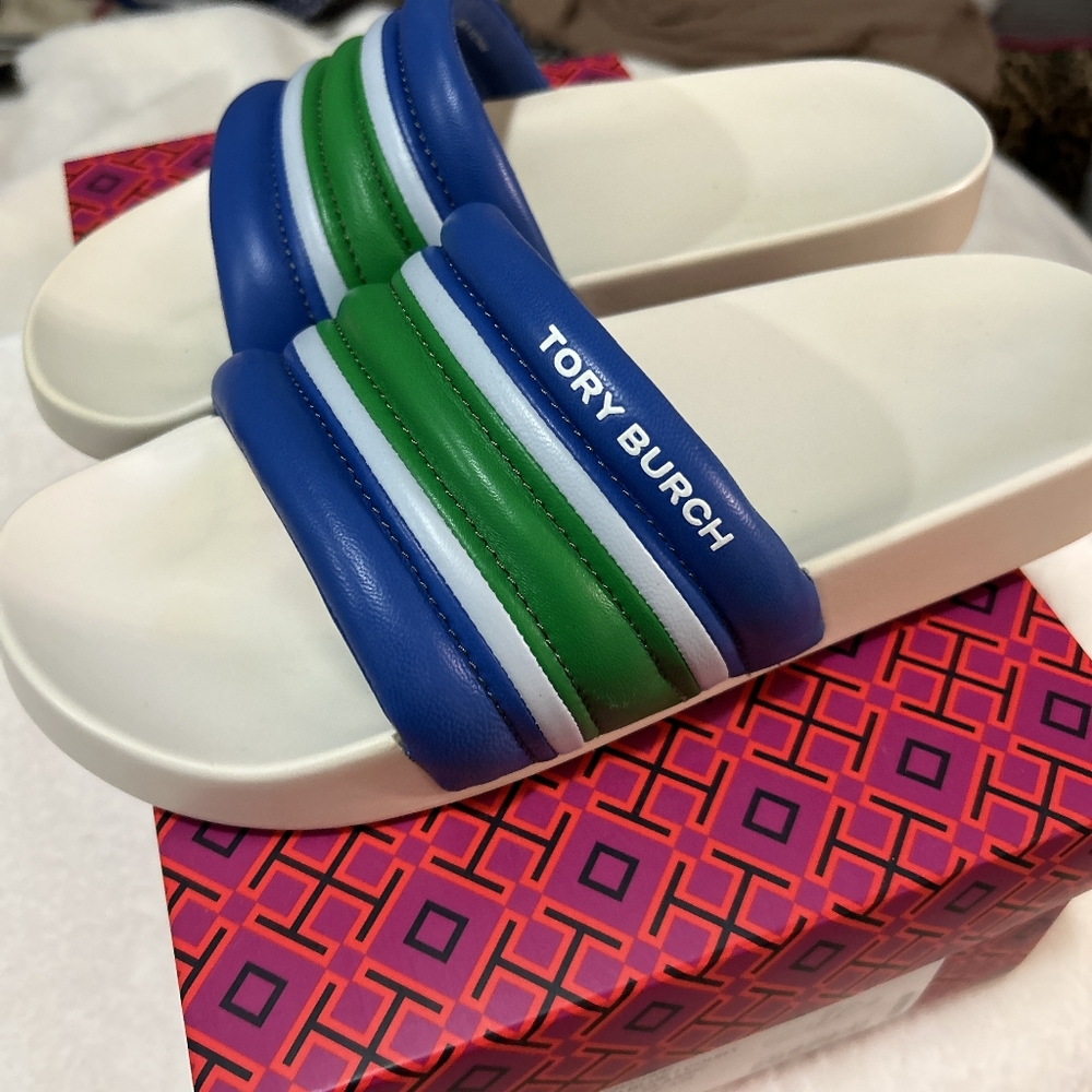 Tory Burch Sport striped slide, size 9, blue and green striped